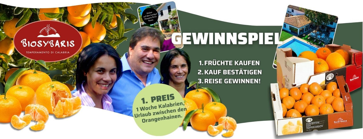 KI generiert: Das Bild zeigt eine Werbeanzeige für ein Gewinnspiel, bei dem der Hauptpreis eine Reise nach Kalabrien ist. Es umfasst Bilder von Orangen, Menschen und Hinweisen zur Teilnahme am Gewinnspiel.